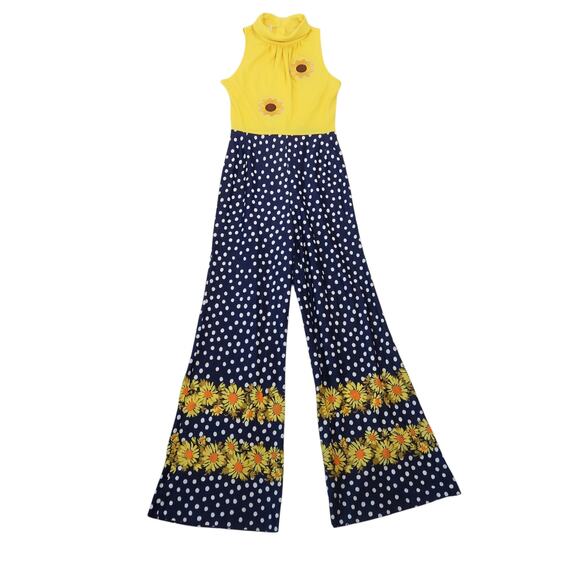 Vintage 70s Yellow and Blue Sunflower Wide Leg Palazzo Jumpsuit S - Picture 1 of 8